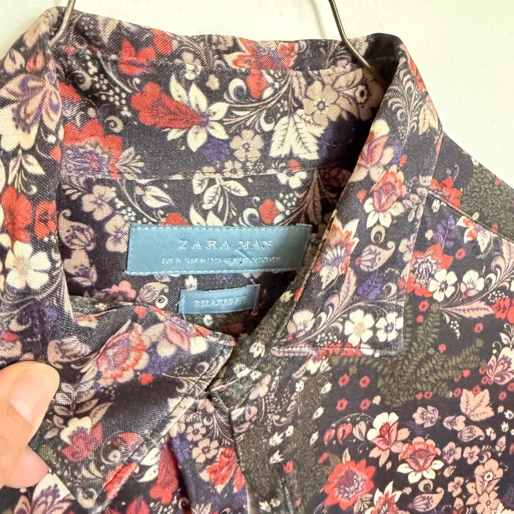 Zara Man Floral Viscose Satin Button‎ Down Shirt Relaxed Fit Long Sleeve Medium